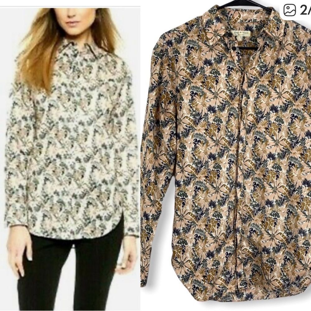 rag & bone Beige and Blue Floral button-down Shirt size small
